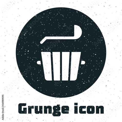 Grunge Sauna bucket and ladle icon isolated on white background. Monochrome vintage drawing. Vector.