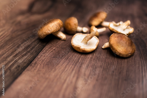 Close-up british mushrooms on a wooden brown table with free space for your decoration/text.