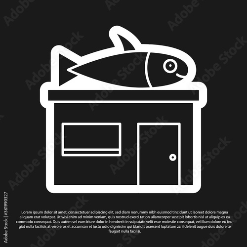 Black Seafood store icon isolated on black background. Facade of seafood market. Vector..