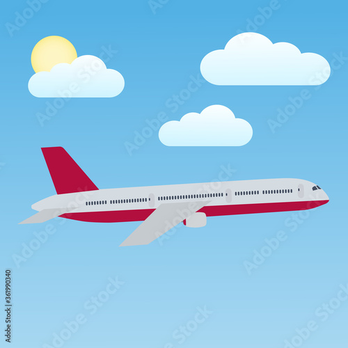 Illustration of an airplane in the blue sky with clouds