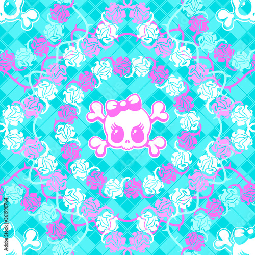 Pastel goth seamless background pattern with cute big eyed girly skulls and thorny roses.
