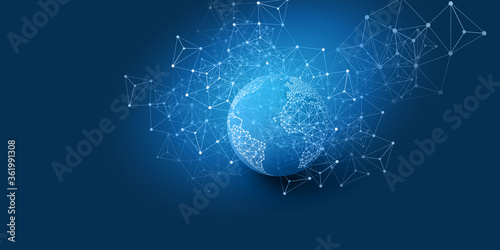 Abstract Blue Minimal Style Cloud Computing, Networks Structure, Telecommunications Concept Design, Network Connections, Transparent Wire Frame, Polygonal Geometric Mesh - Vector Illustration