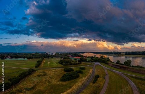 Storm clouds over the Rhine near Monheim and Leverkusen, Germany.