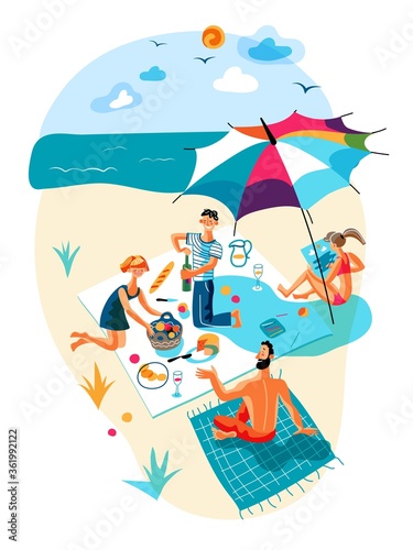 Happy vector friend rest during picnic on beach © backup_studio