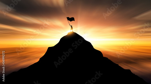 Successful Man with Flag on top of the Mountain. 