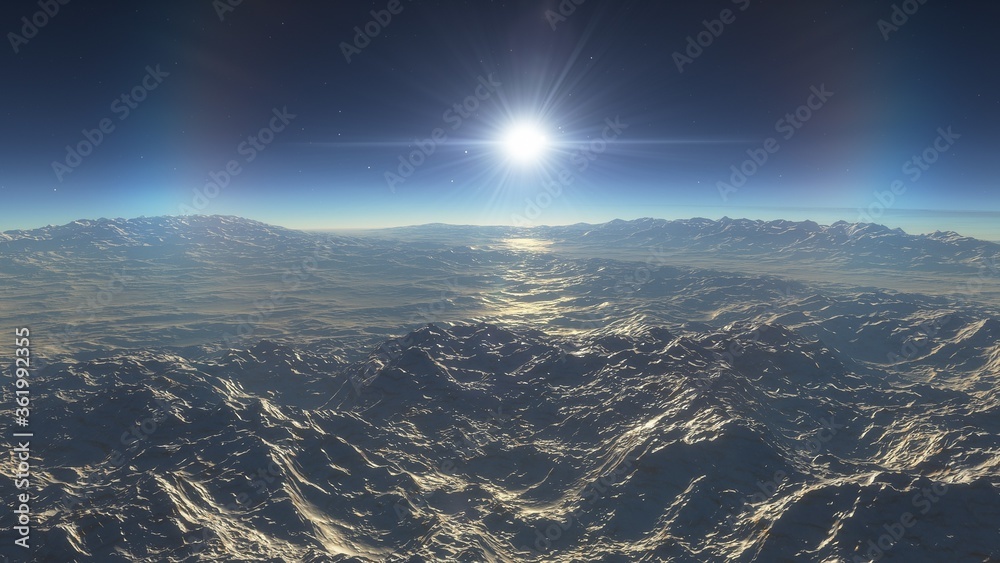 realistic exoplanet, beautiful alien planet in far space, detailed planet surface, science fiction wallpaper, cosmic landscape 3d render