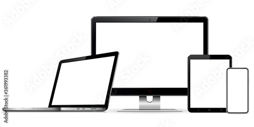 Devices mockup. Set of computer monitor, laptop, mobile phone and tablet pc isolated on white background.