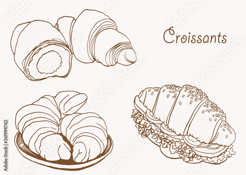Hand-drawn vintage set of croissants, sepia background,vector illustration