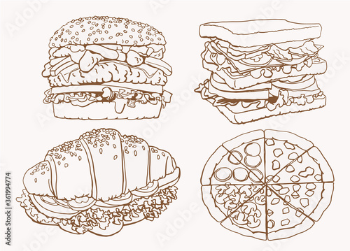 Hand-drawn vintage set of fast food elements, sepia background,vector illustration