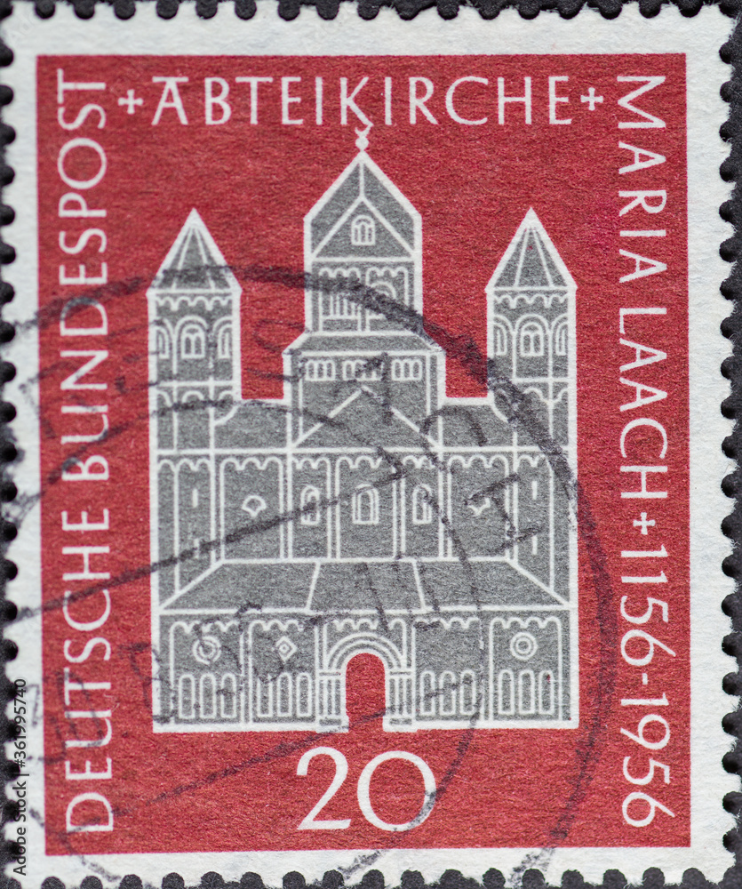 GERMANY - CIRCA 1956: a postage stamp printed in Germany showing the abbey church of Maria Laach Abbey on the occasion of the 800th anniversary