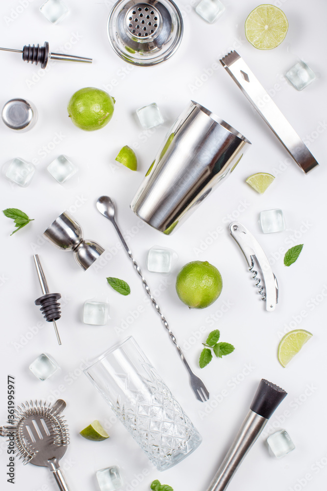 Ingredients and barmen tools for Mojito cocktail Ingredients and barmen tools for Mojito cocktail