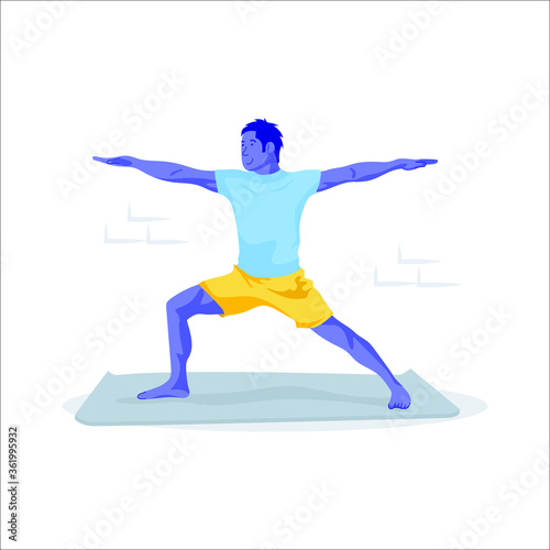 Young man in yoga pose on floor. Spiritual practice, yoga and breathing exercise. Flat cartoon vector illustration.