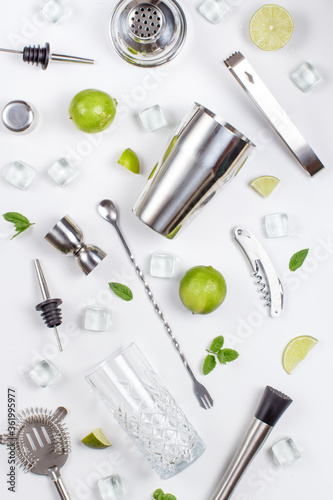 Ingredients and barmen tools for Mojito cocktail