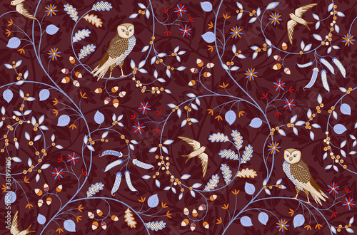 Vintage seamless fabric ornament with flowers and birds on burgundy background. Middle ages William Morris style. Vector illustration.