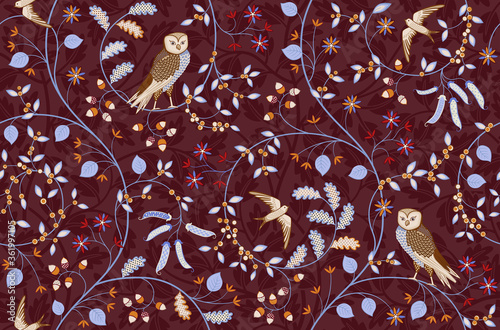 Vintage seamless fabric ornament with flowers and birds on burgundy backgroun...