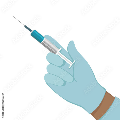African doctor hold medical syringe in his hand. Vector illustration.