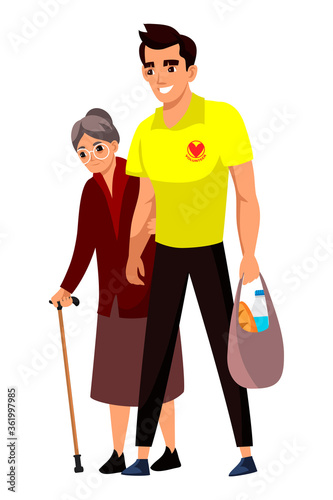 Man volunteer help senior woman with purchase