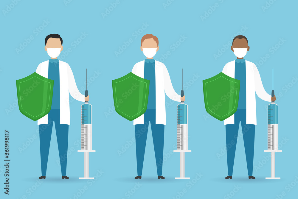 Doctors of different ethnicities hold shields and syringes with medication. Cartoon style. Vector illustration.