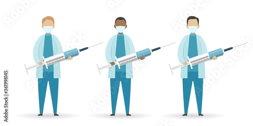 Doctors of different ethnicities hold syringes with medication. Cartoon style. Vector illustration.
