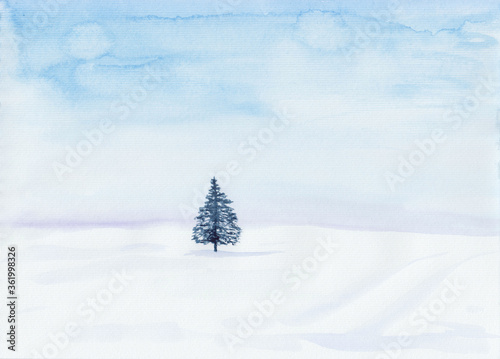 Watercolor painting in winter peaceful minimalist landscape with snowy field & fir tree. Hand drawn illustration with copy space. Merry Christmas, Happy New year soothing light background concept.
