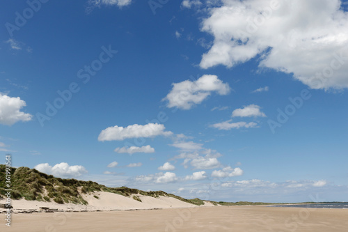 Sunny beach with blue sky and white clouds
