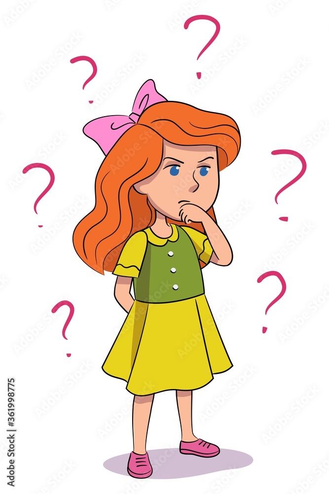 Cute girl thinking, question marks sign above head Cute girl thinking, question marks sign above head