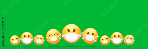 Vector Emoji nurse stickers set with mouth medical protection mask isolated on green horizontal background. Yellow smile face character with white surgeon mask. Self isolation concept ilustration