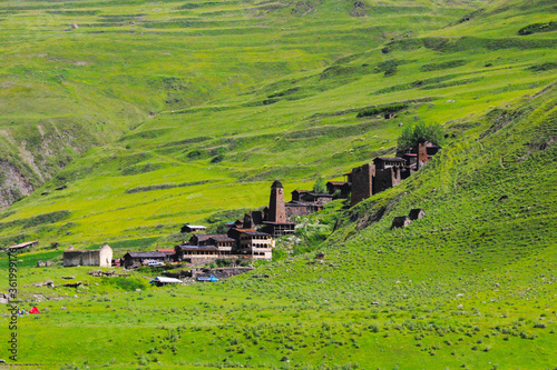 Old stone and rock architecture in Tusheti, Georgia. Old famous village and travel destination. photo