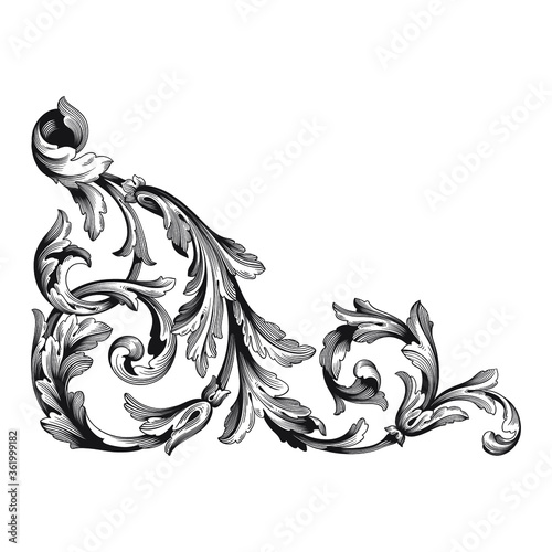 Vintage Ornament Element in baroque style with filigree and floral engrave the best situated for create frame, border, banner. It's hand drawn foliage swirl like victorian or damask design arabesque.