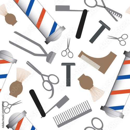 Seamless pattern with scissors, brush, razor and comb on a white background as a backdrop or wallpaper, flat vector stock illustration with hairdressing tools as a barbershop concept