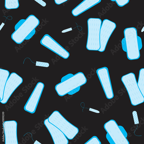 Seamless pattern with absorbent pads and tampons as a backdrop or wallpaper, flat vector stock illustration with menstruation pad