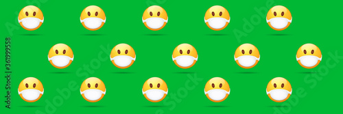 Vector Emoji nurse stickers set with mouth medical protection mask isolated on green horizontal background. Yellow smile face character with white surgeon mask. Self isolation concept ilustration