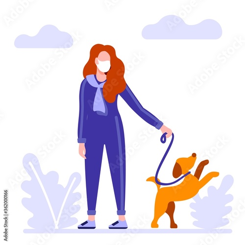 Young woman in a medical mask walking the dog. A girl with a dog spend leisure time during quarantine coronavirus. Vector illustration isolated on white
