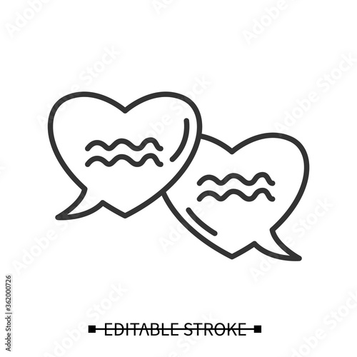 Love talk icon. Heart shape linear speech bubble pictogram. Love confession and valentine's day concept. Thin line comic book style editable stroke vector illustration for advertisement and web.