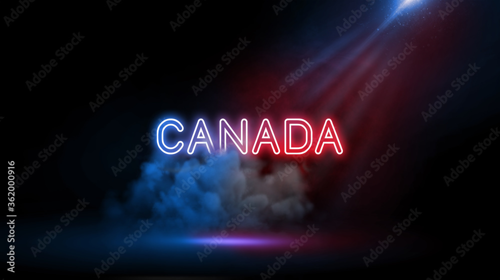 CANADA | Country name in neon light effect, Studio room environment with smoke and spotlight. CANADA | Country name in neon light effect, Studio room environment with smoke and spotlight.