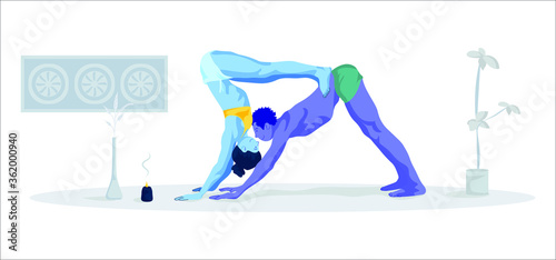 Young people in yoga pose on the floor. Spiritual practice, yoga and breathing exercises. Vector flat cartoon illustration.