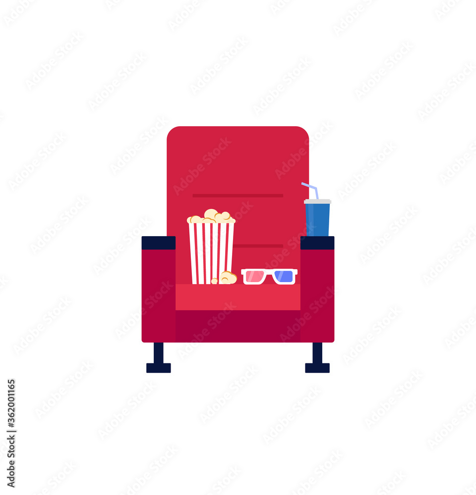 Naklejka premium Vector illustration of armchair in the cinema hall, with popcorn, fizzy drink and 3d glasses. Concept flat style, isolated