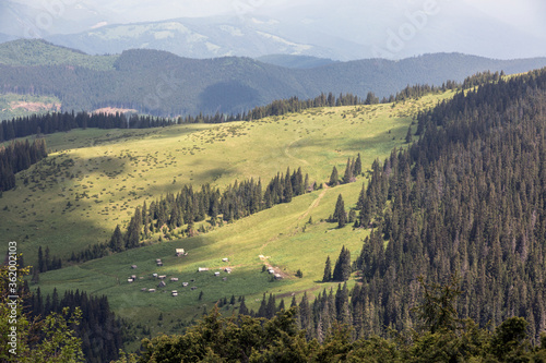 View of a small village in the valley of the mountains. Polonyna in the Carpathians, a wonderful summer landscape