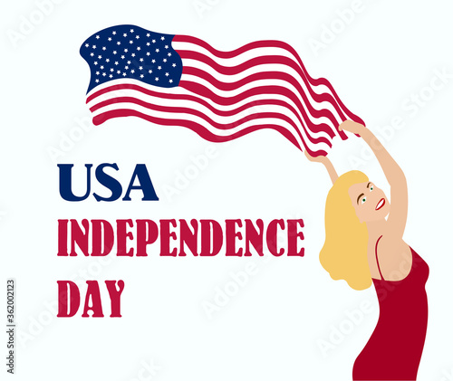 A woman holds the US national flag above her head. Lettering USA Independence Day. Vector illustration.