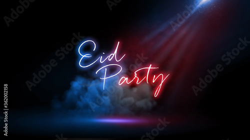 Eid Party Floor, Eid Mubarak Greeting Card, Creative Neon Light Design for Ramzan or Eid Campaign.