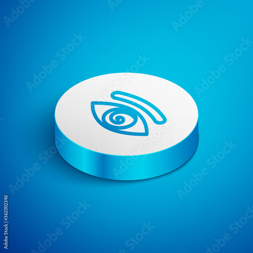 Isometric line Hypnosis icon isolated on blue background. Human eye with spiral hypnotic iris. White circle button. Vector.