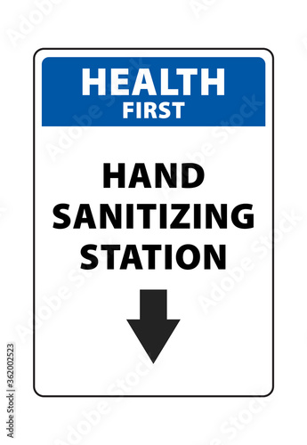 Health First Hand Sanitizing Station Down Arrow Sign, personal hygine hand wash sign vector eps10