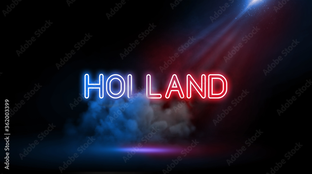 HOLLAND, Country name in neon light effect, Studio room environment with smoke and spotlight.