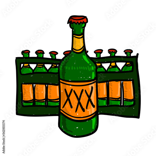 Vector beer drawing. Green orange colored sketch. Closed beer bottle with case of beer. Retro style illustration.