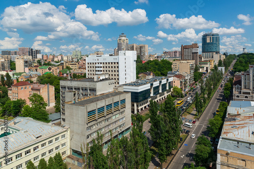 Kyiv cityscape aerial panorama in a hot summer day.