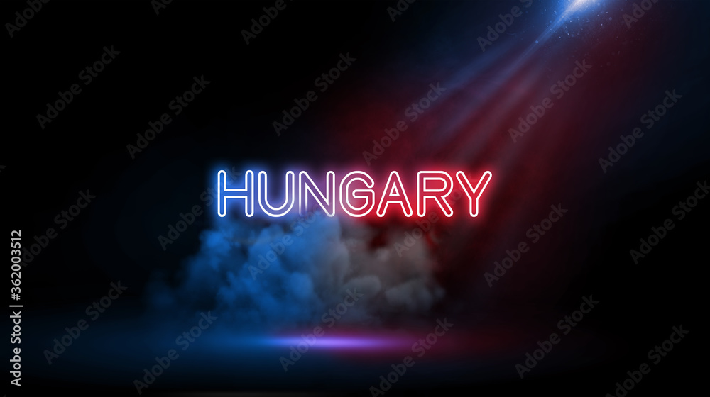 Hungary is a landlocked country in Central Europe, Country name in neon light effect, Studio room environment with smoke and spotlight.