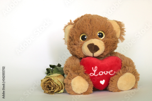 teddy bear with a heart and a dried rose