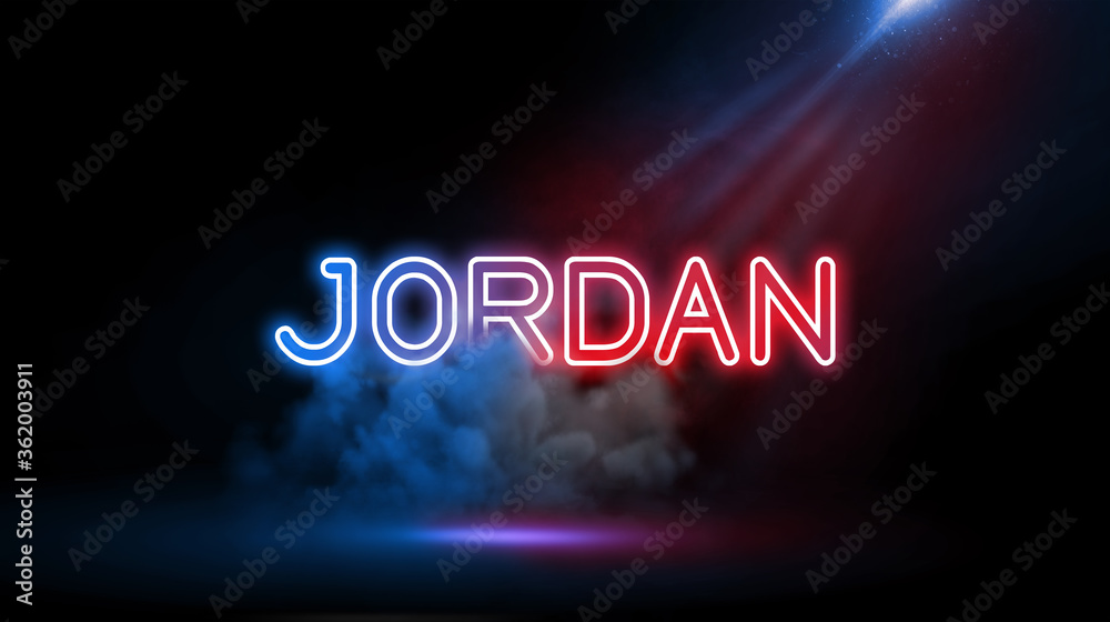 Jordan, an Arab nation on the east bank of the Jordan River, is defined by ancient monuments | Country name in neon light effect, Studio room environment with smoke and spotlight.