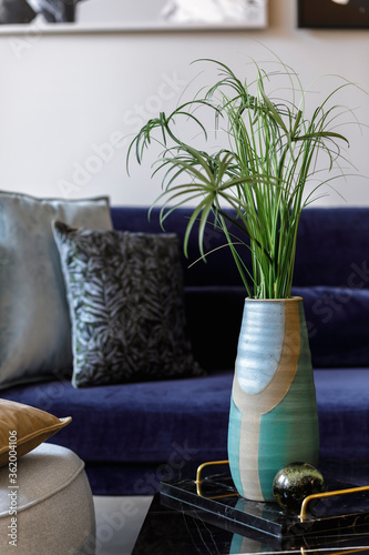 Stylish composition at living room interior with grey pouf, velvet sofa, pillows, coffee table, tropical leaf in vase, marble tray in modern concept. Close up. photo