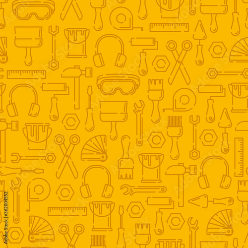 Seamless pattern with working tools for home repair, building, construction, renovation. Vector outline icons. Different industrial equipment. Bright yellow color.